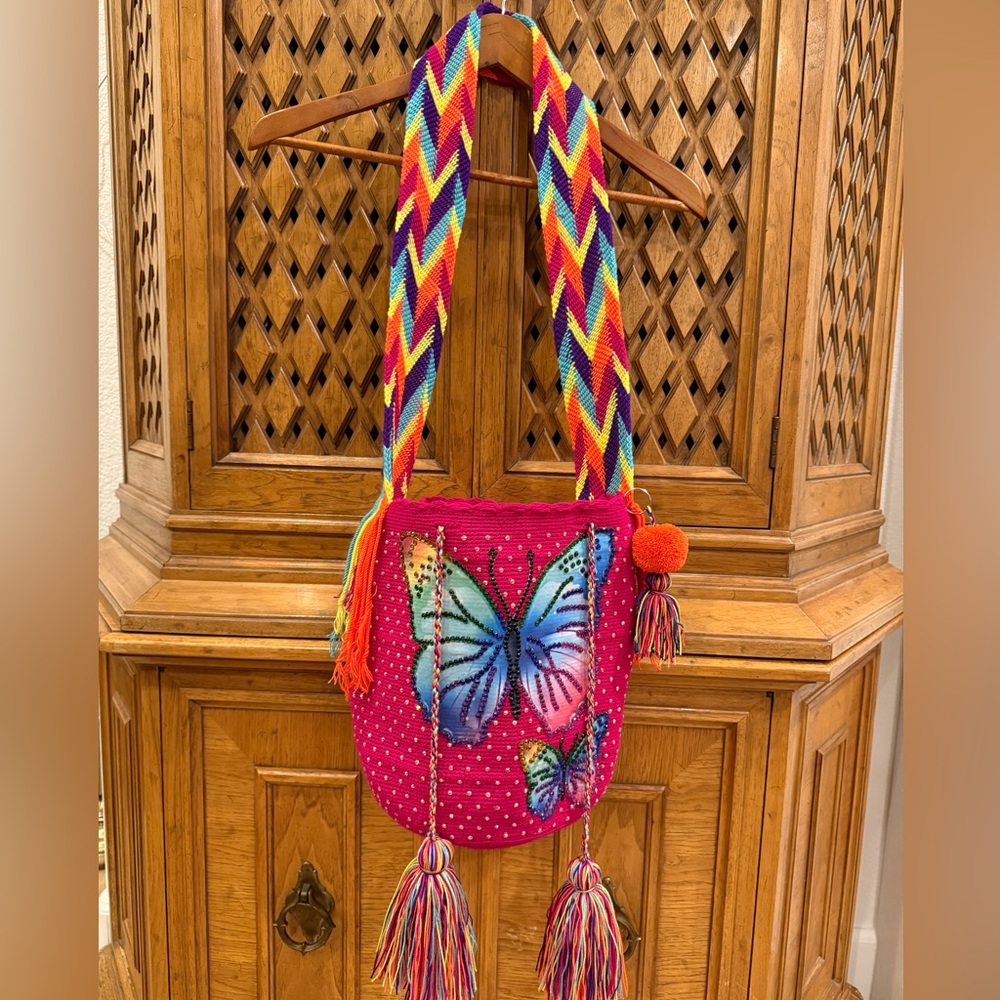 Colorful Butterfly Crossbody Bag - Pink